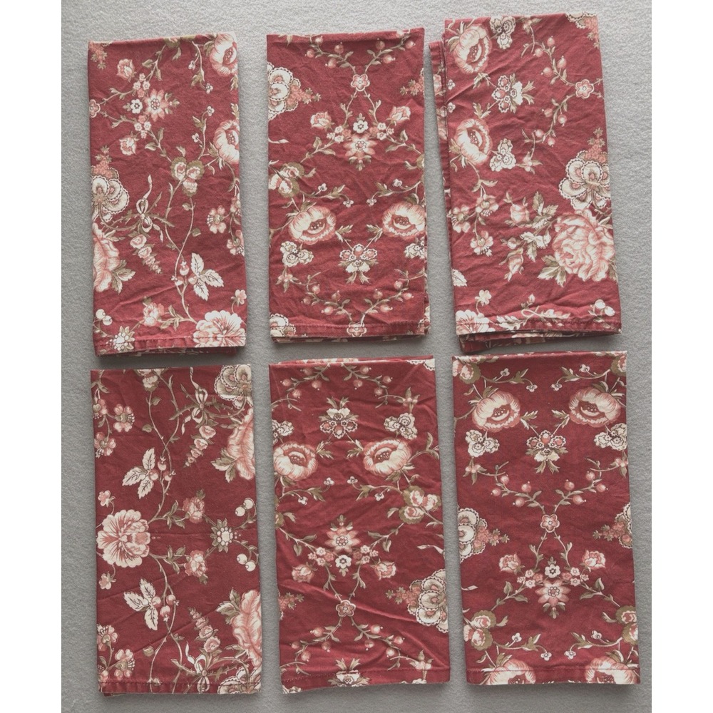 Williams Sonoma Vintage Floral Rose Red Sage Pink Dinner Napkins Set Of 6